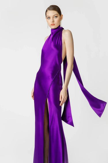 SAU LEE Penelope Backless Satin Gown - Purple / 00