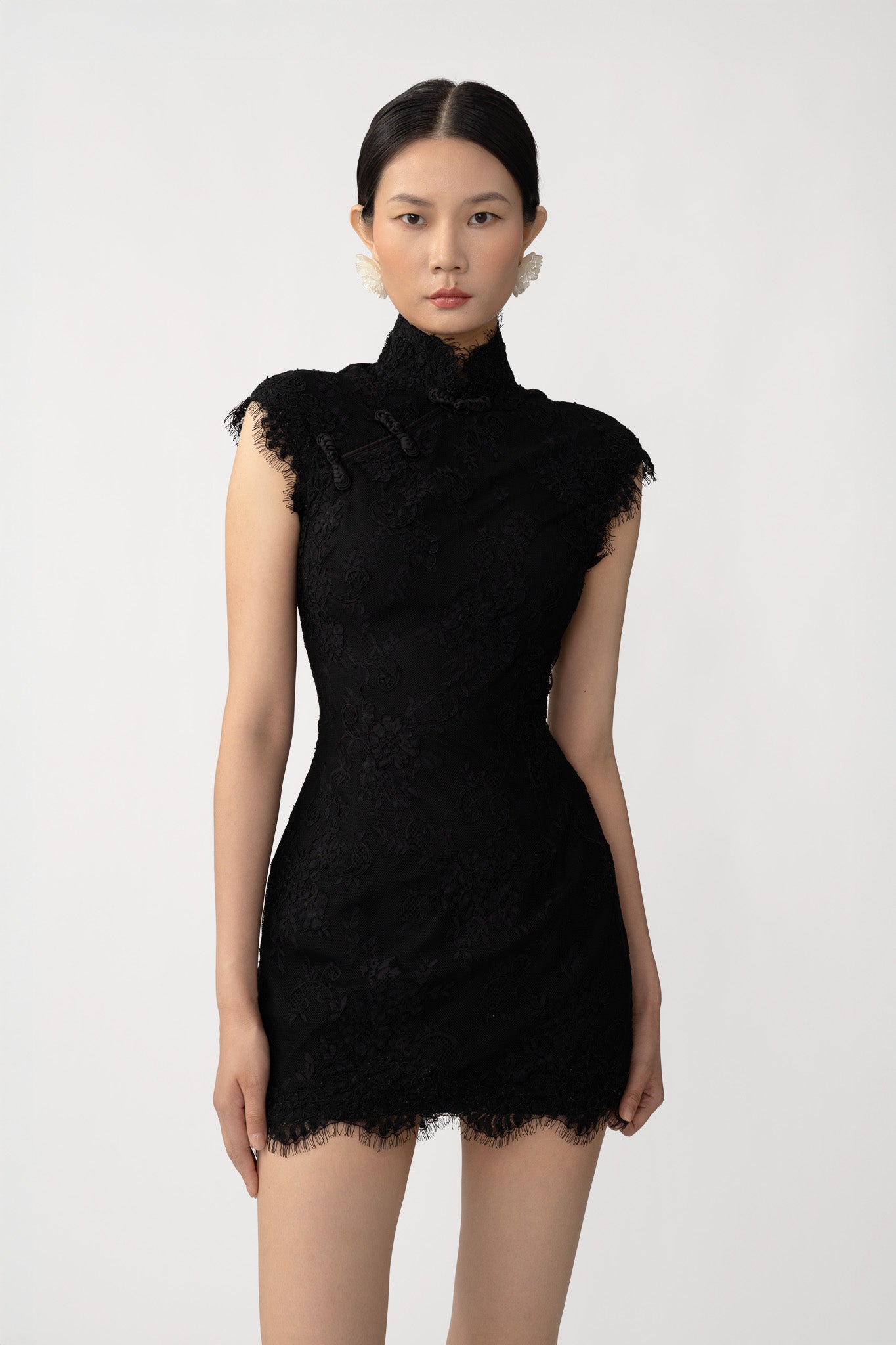 black short sleeve lace dress Short Sleeve Clasp Detail Cut Out Front Mini Bodycon Dress In Black Textured Lace | EGO US