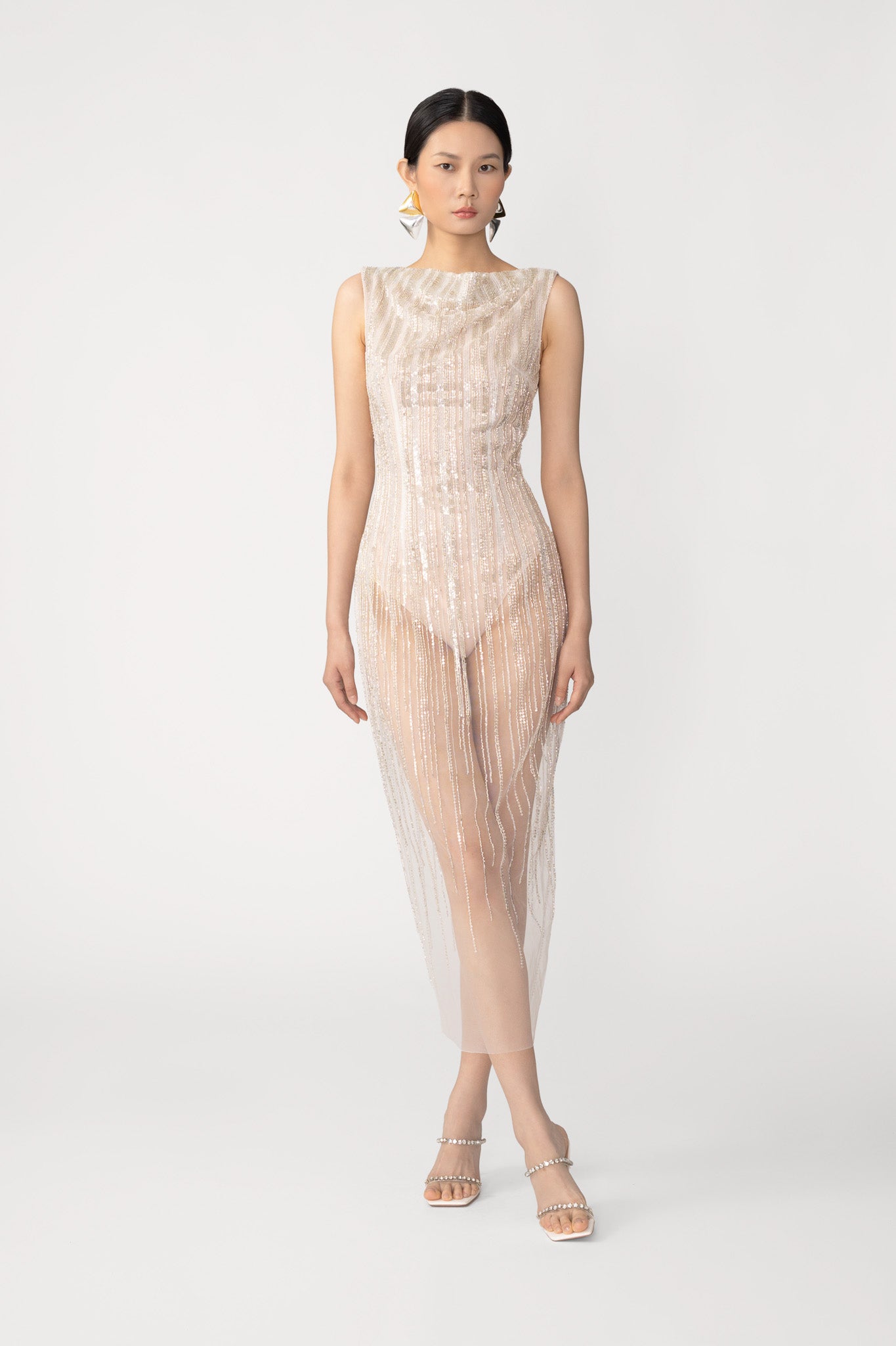 beaded white maxi dress Miss Circle Women Lainey White Satin Sequin Pearls Beaded Maxi Dress