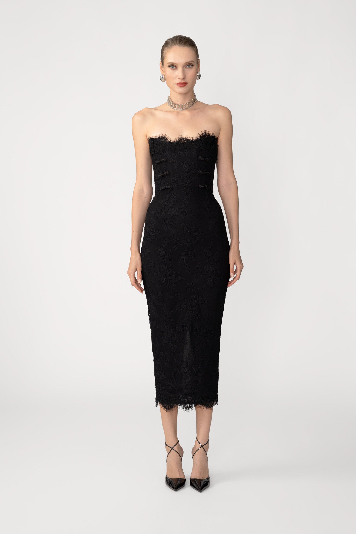 sau lee selena lace dress Sau Lee Selena Dress Size 8 Black Allover Lace Bustier Midi NWT $595 *FLAWS