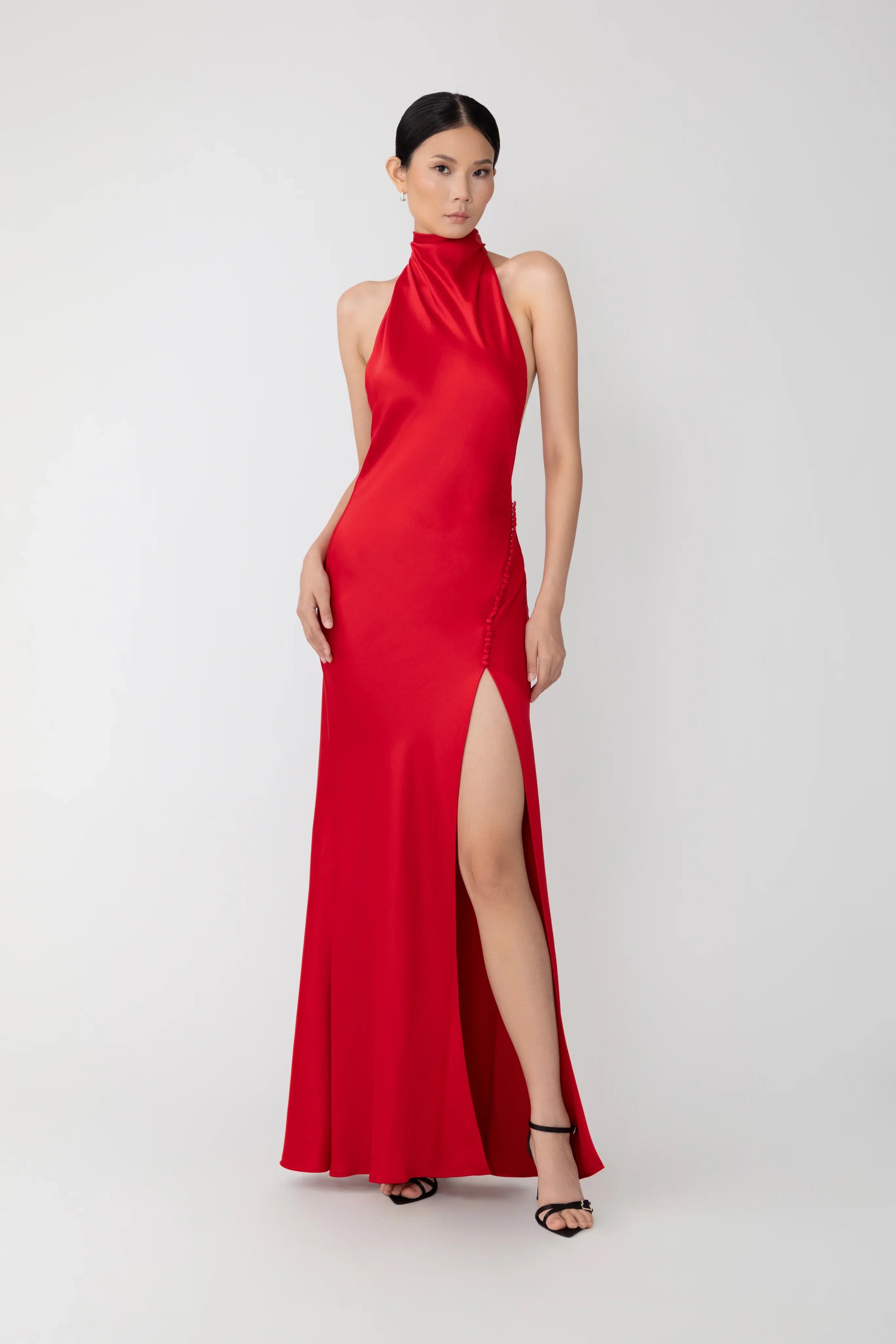 SAU LEE Penelope Backless Satin Gown - Red / 00