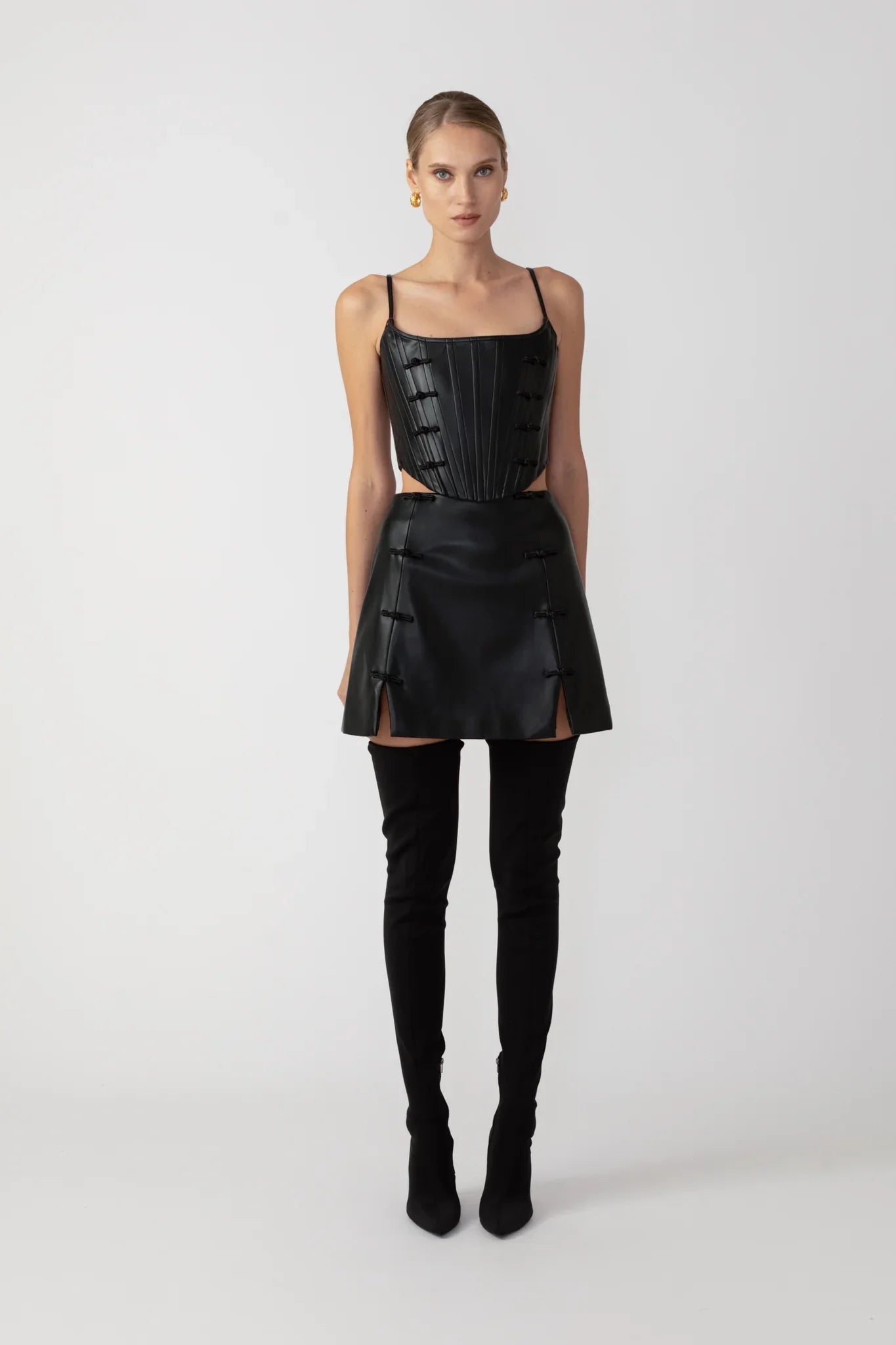 SAU LEE Nadia Faux Leather Corset Top - Black / 00