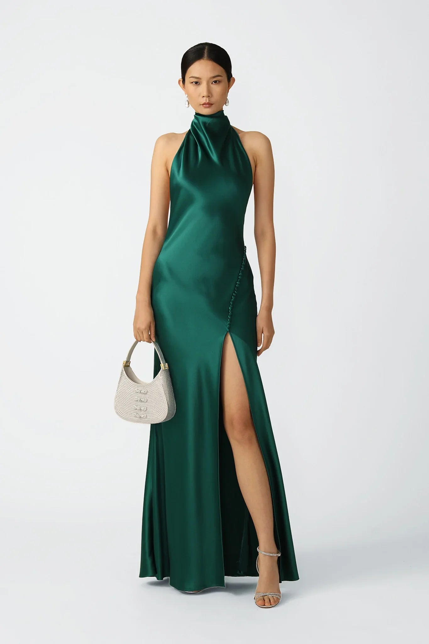 SAU LEE Penelope Backless Satin Gown, Emerald / 12 SAU LEE Penelope Backless Satin Gown, Emerald / 12