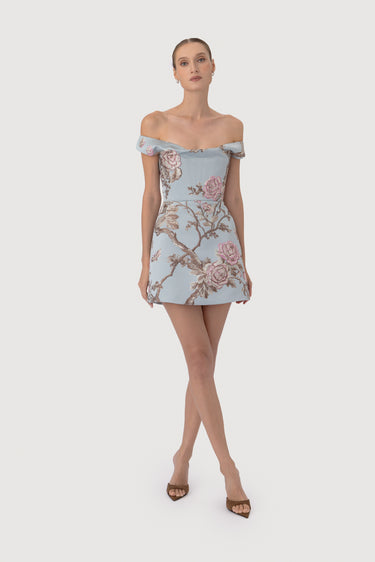SAU LEE Bruna Brocade Mini Dress, Blue Ash SAU LEE Bruna Brocade Mini Dress, Blue Ash