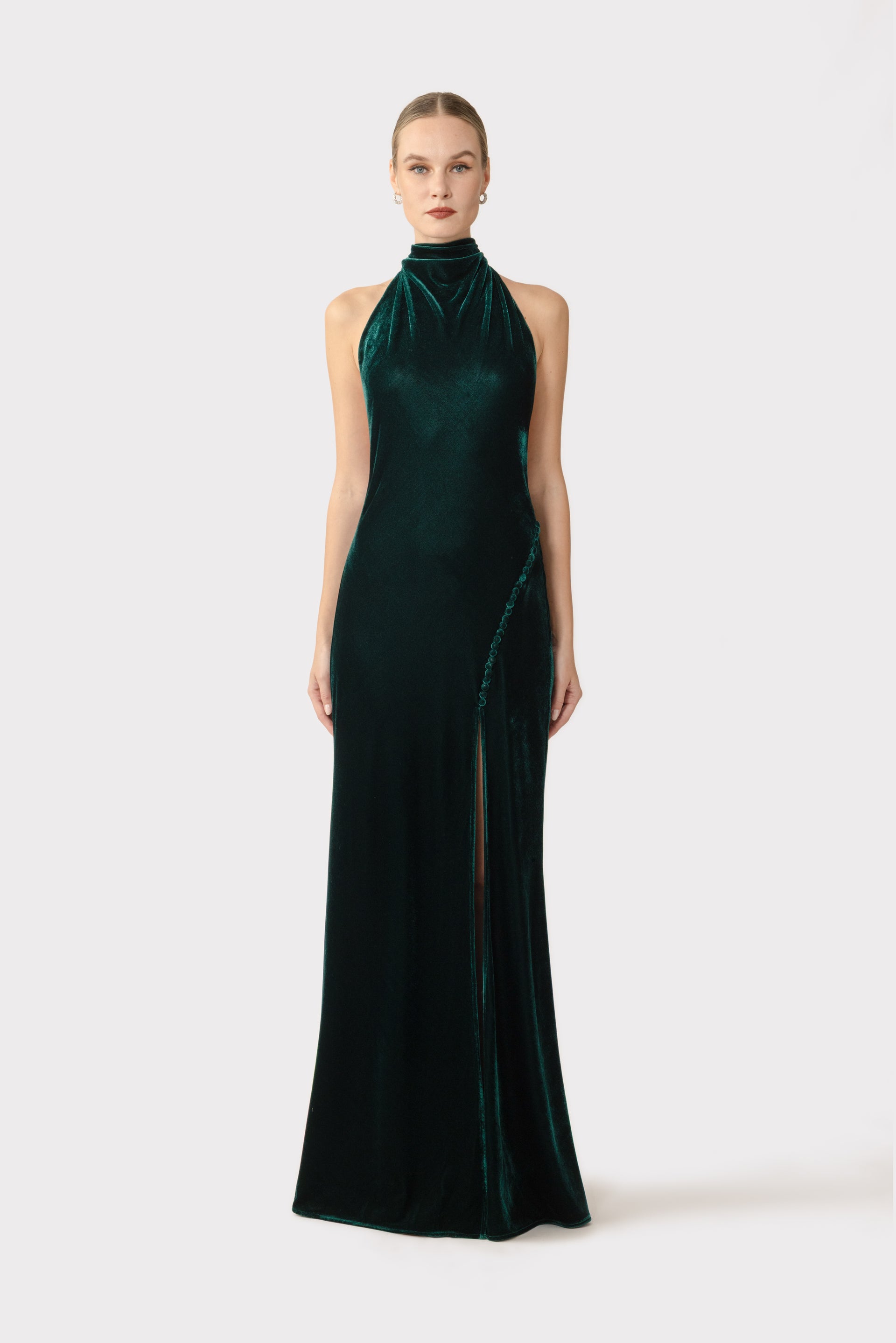 sau lee penelope velvet halter maxi dress Sau Lee Penelope High-Neck Backless Satin Gown