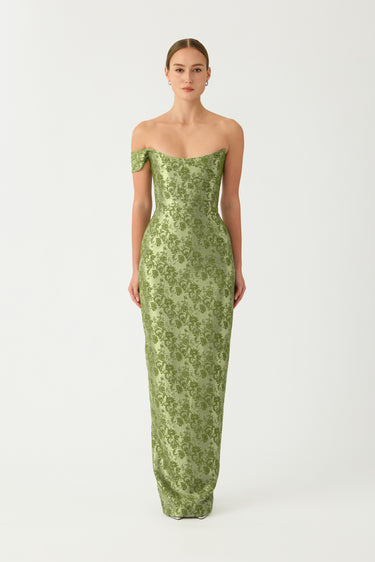green brocade dress Galia Strapless Gown 38 this dress offers a luxurious texture and timeless appeal rama green faux banarasi brocade