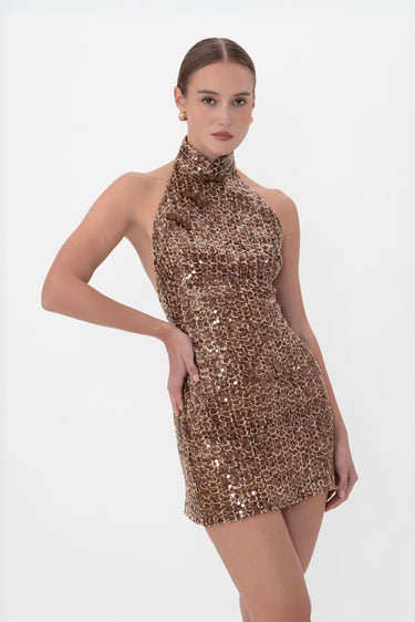 brown sequin mini dress Club Chic Light Mesh Ruched Bodycon line silhouette and princess seams that flatter the bust Brown Sequin Mini Dress by