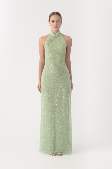 emerald beaded dress Dark Emerald Beaded Satin Long V Neck Dress With Open Back