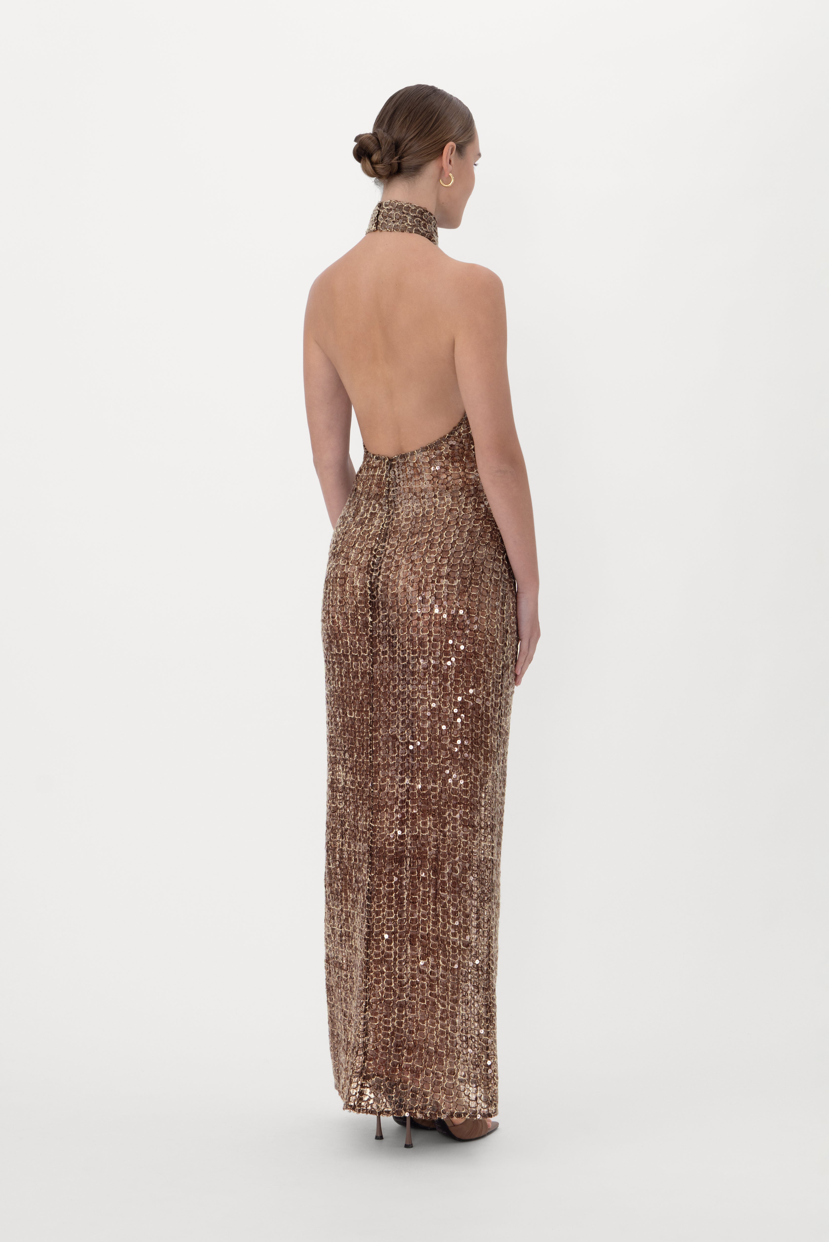 mocha sequin dress ASOS DESIGN sequin 90s neckline minimal midi dress in mocha