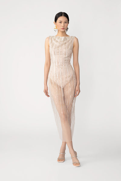 SAU LEE Marci Beaded Maxi Dress, White SAU LEE Marci Beaded Maxi Dress, White