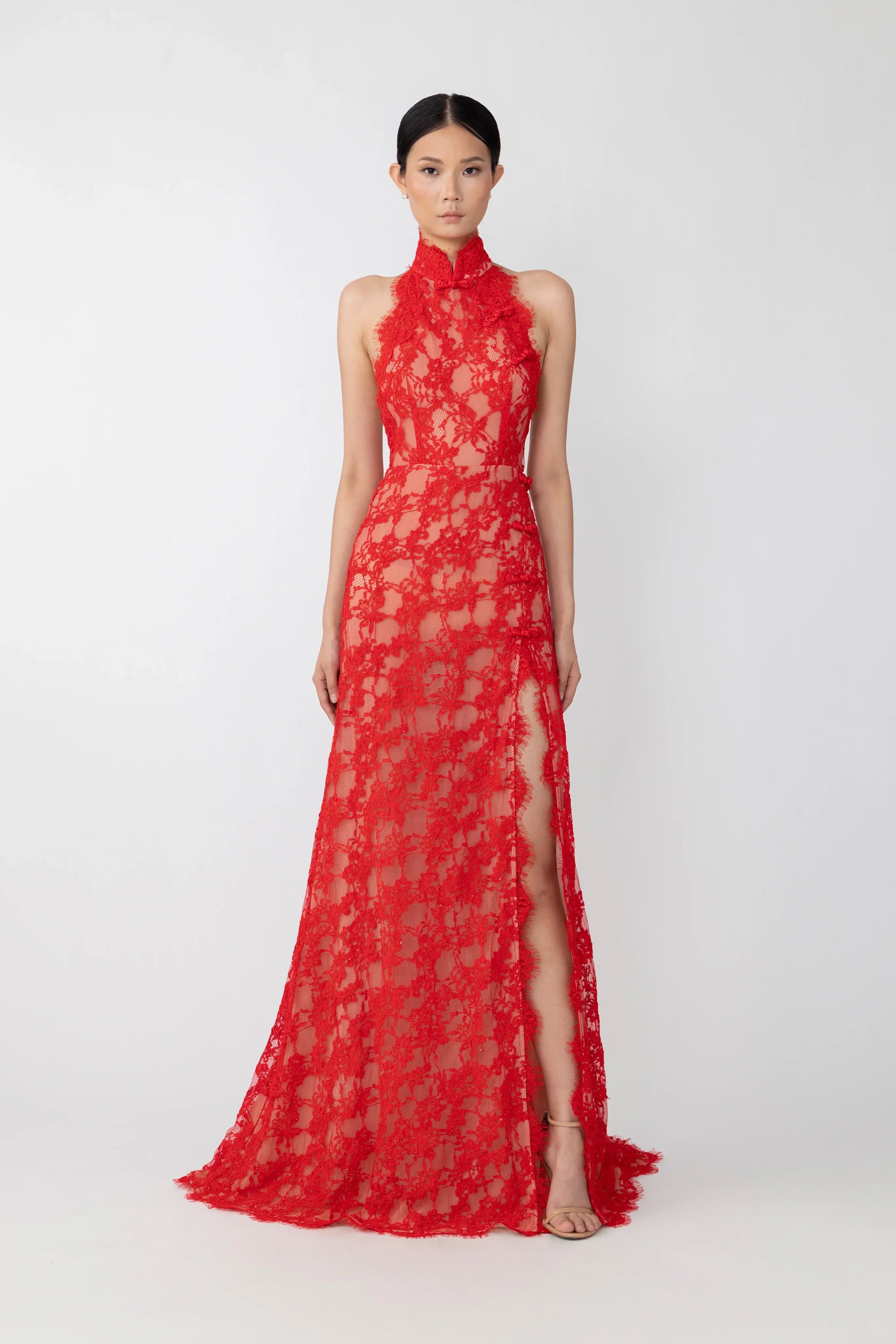 fitted lace wedding dress Red Tulle Long Prom Dress with Lace, A-Line Backless Evening Graduatio main image 1