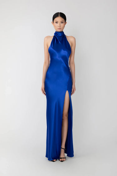 SAU LEE Penelope Backless Satin Gown - Egyptian Blue / 00