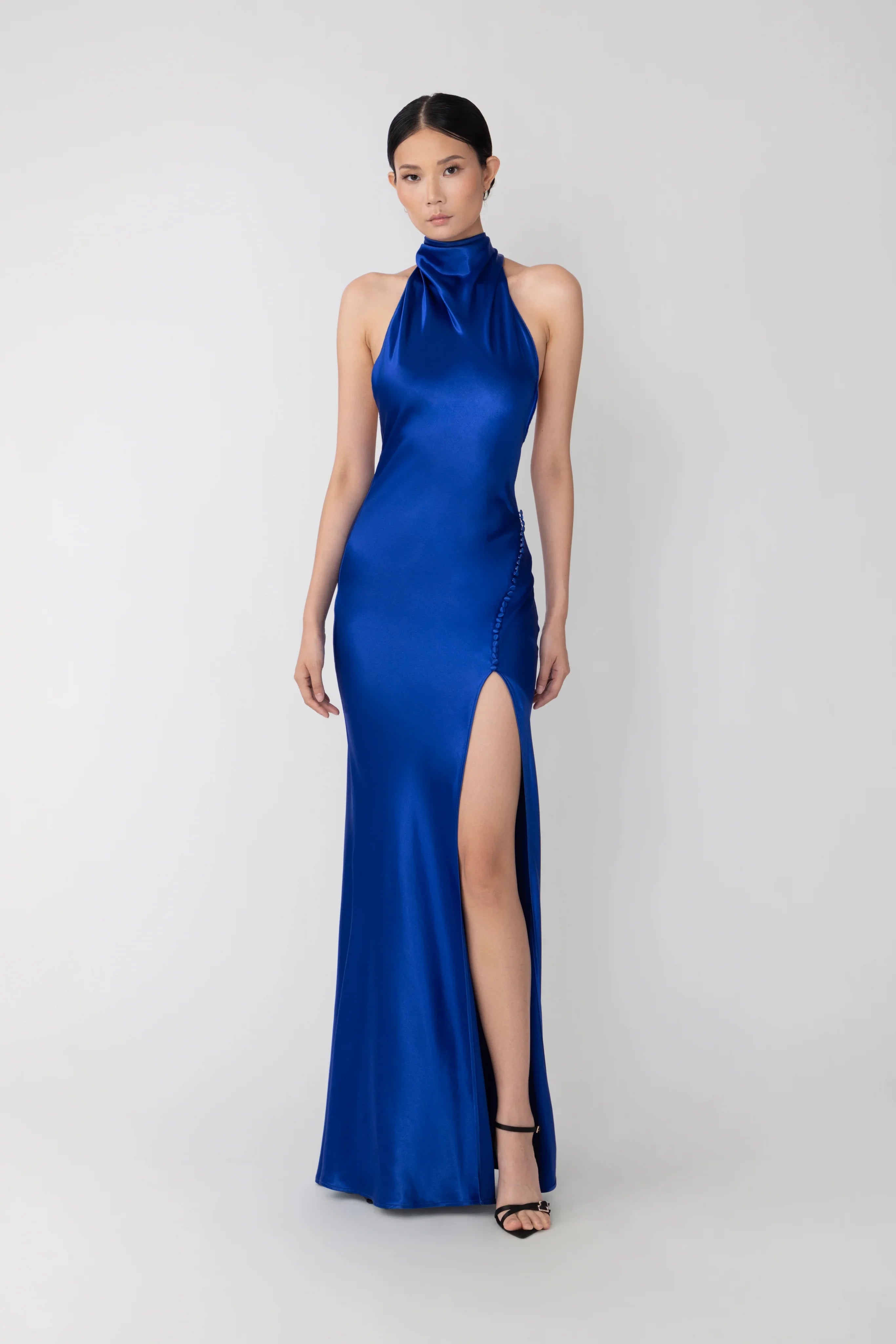 SAU LEE Penelope Backless Satin Gown, Egyptian Blue SAU LEE Penelope Backless Satin Gown, Egyptian Blue