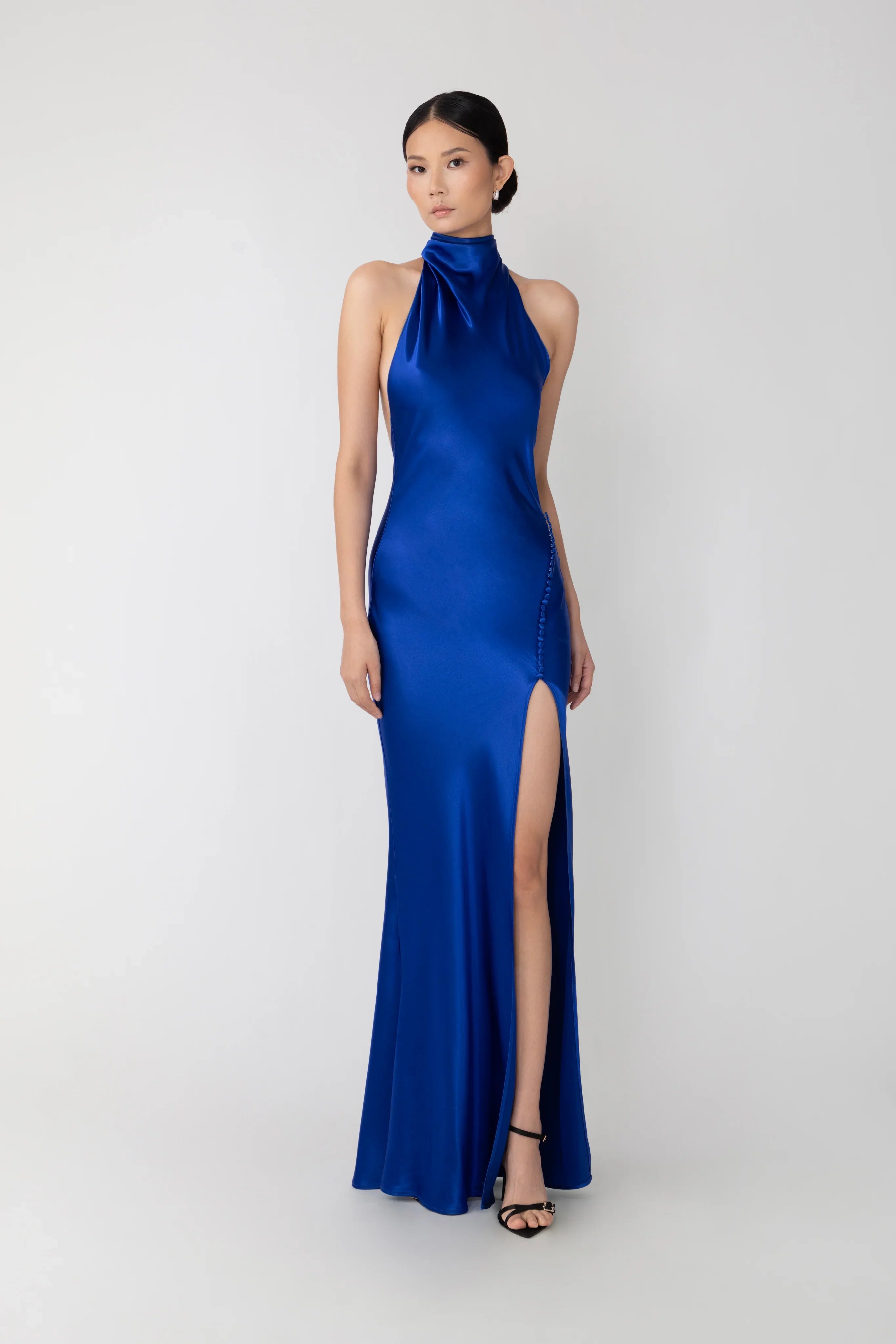 SAU LEE Penelope Backless Satin Gown, Egyptian Blue SAU LEE Penelope Backless Satin Gown, Egyptian Blue
