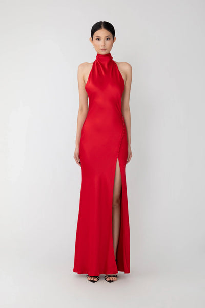red backless silk dress SAU LEE Penelope Satin Gown, / 14 Recreating Iconic Outfits from Bestsellers slightly flared at the Color:Mocha Gold