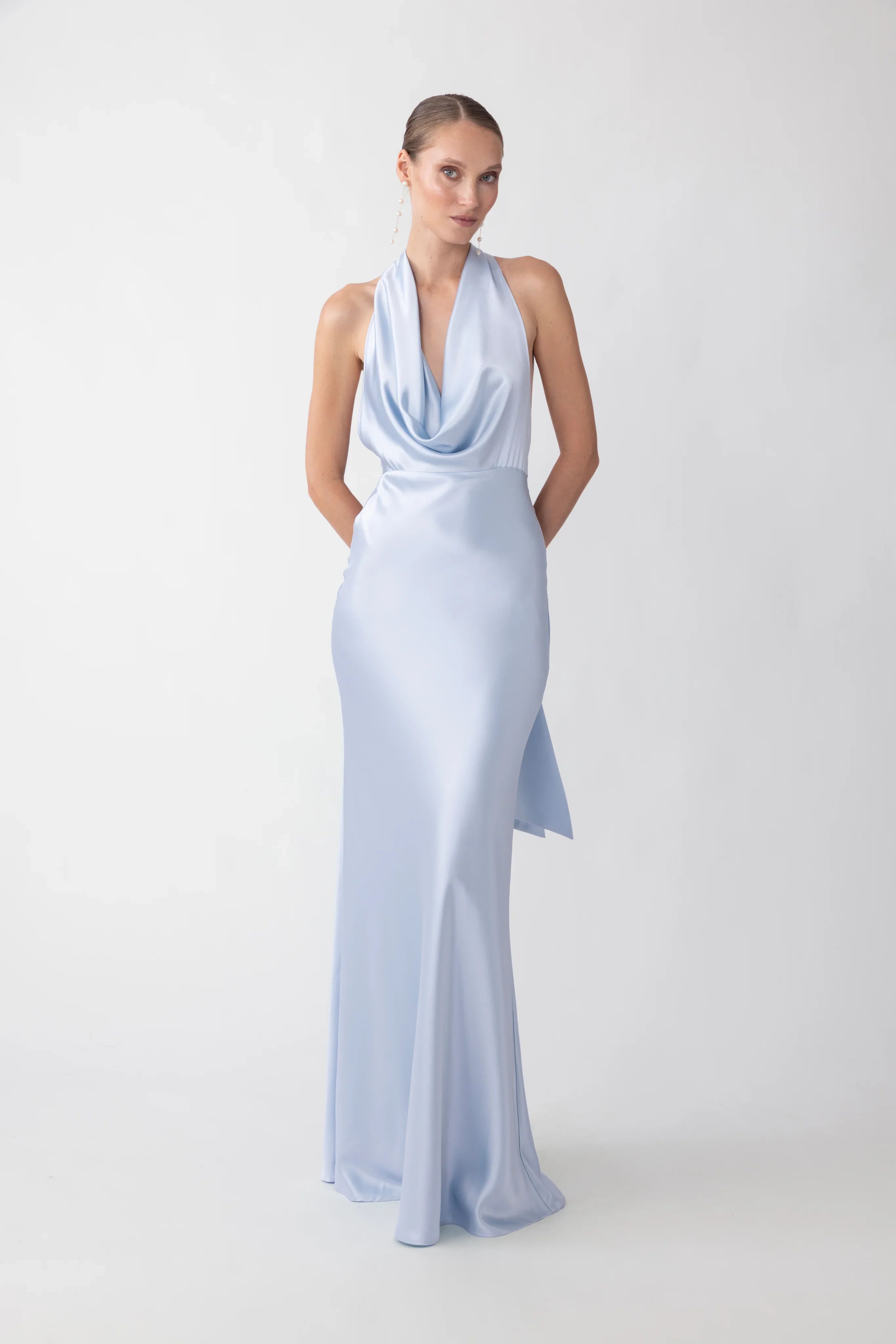 SAU LEE Pearl Satin Gown, Pastel Blue / 14 SAU LEE Pearl Satin Gown, Pastel Blue / 14