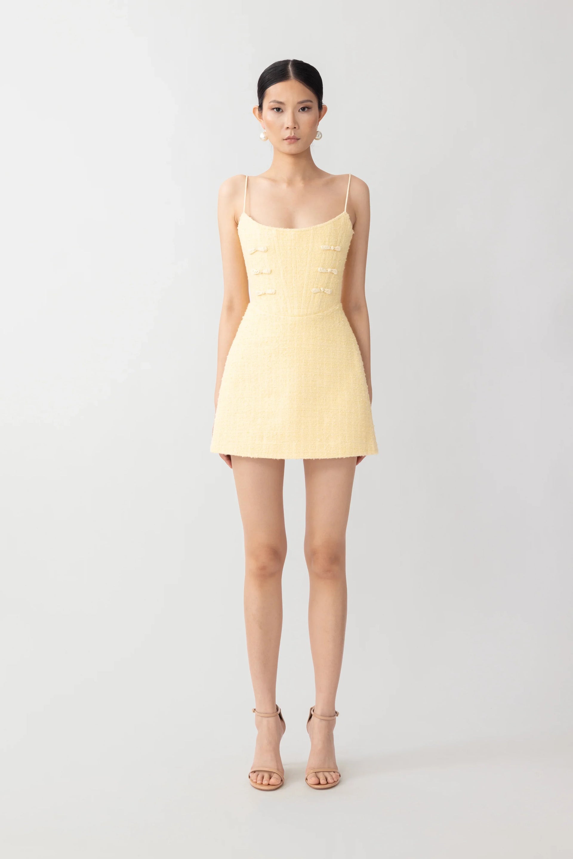 button down mini dress in yellow sndys Andi Tweed Mini Dress – SAU LEE