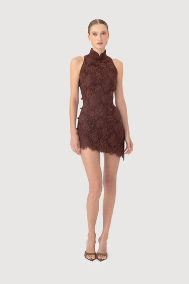 silentium mini dress in chocolate brown lace Brown De La Vali Silentium Dress by De La Vali