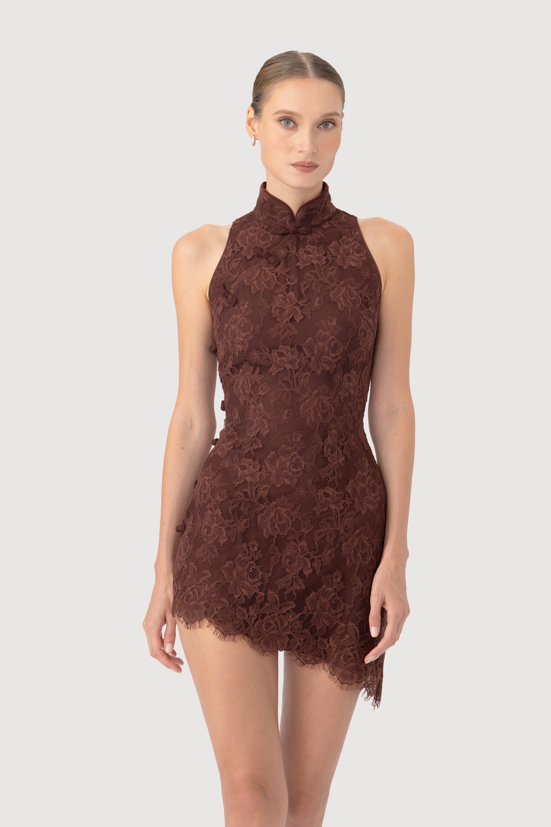 SAU LEE Silba Lace Mini Dress, Dark Walnut