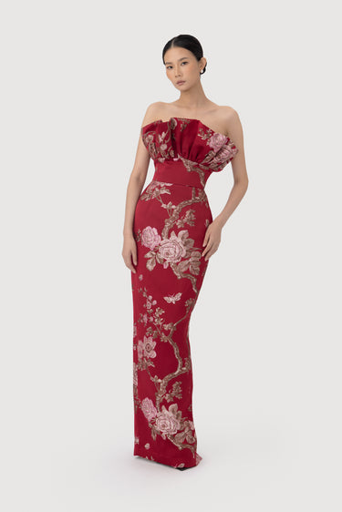 red brocade dress Mac Duggal Brocade Floral Strapless A Line Midi Dress With Satin Bow, Womens, 14, Red Multi