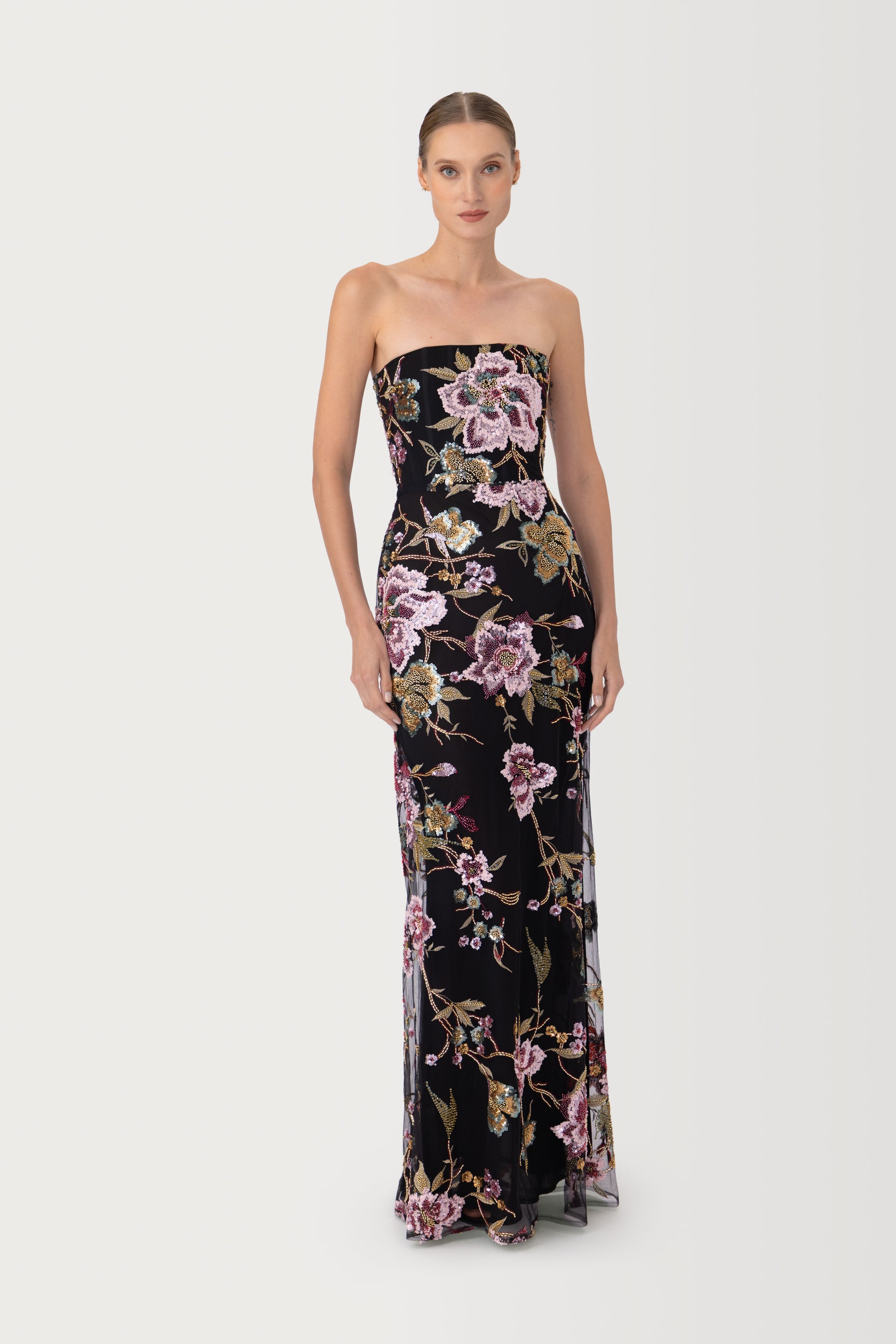 black full length dress with sleeves Bebe Women's Strapless 3D Lace Column Dress main image 0