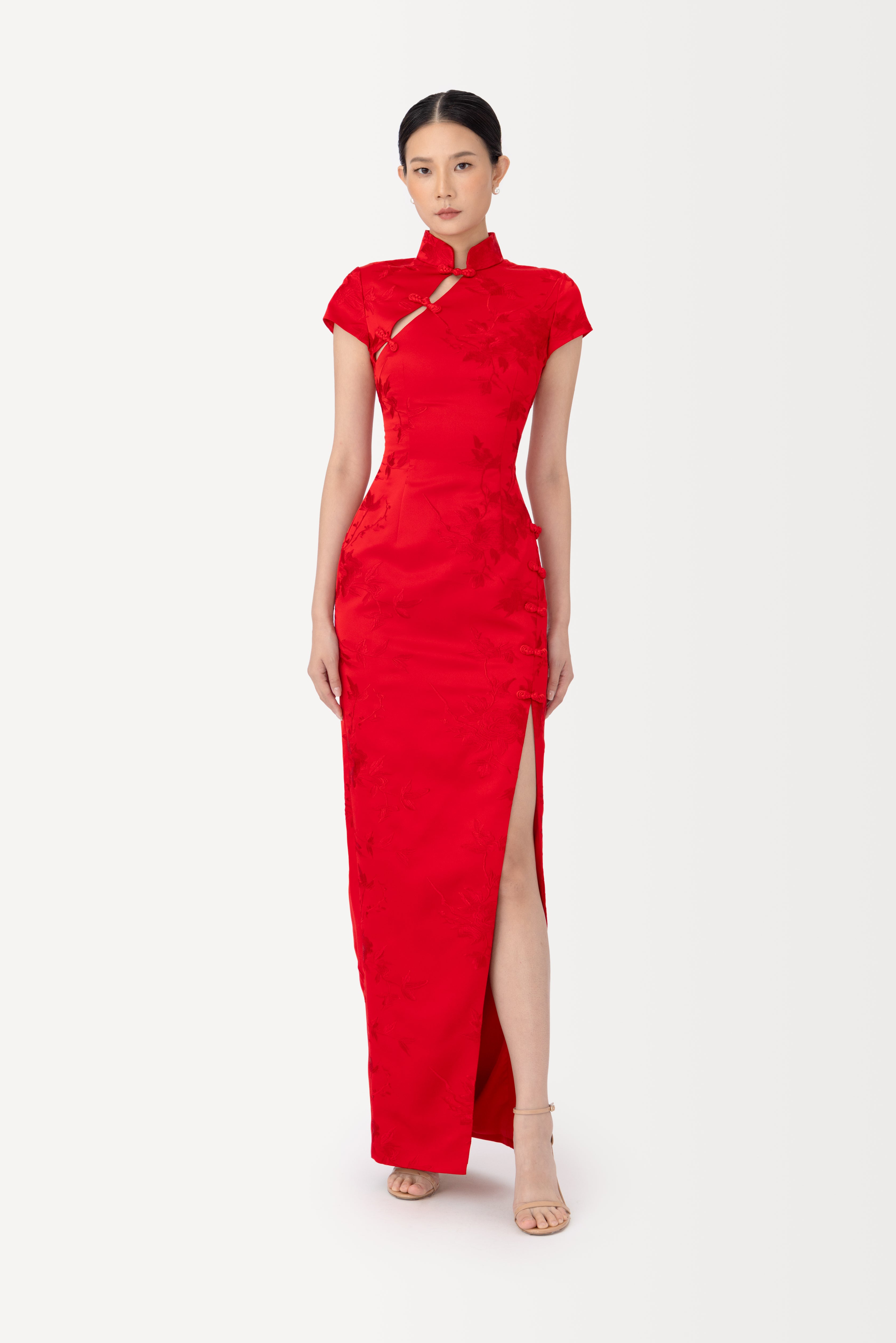 SAU LEE Isabella Embroidered Gown, Red