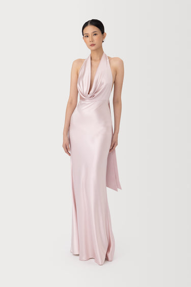 satin pearl open back dress in pink A-Line Pink Satin Open Back Sleeveless Prom Dress with Beading US16 / Custom Color