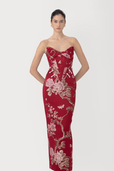 SAU LEE Novella Brocade Maxi Dress, Red Sangria SAU LEE Novella Brocade Maxi Dress, Red Sangria