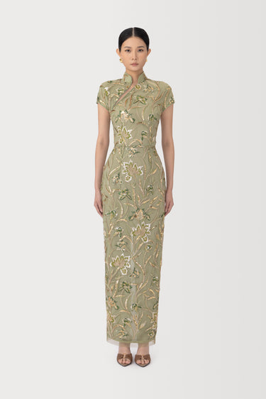 SAU LEE Seraphine Embroidered Dress, Sage Green SAU LEE Seraphine Embroidered Dress, Sage Green