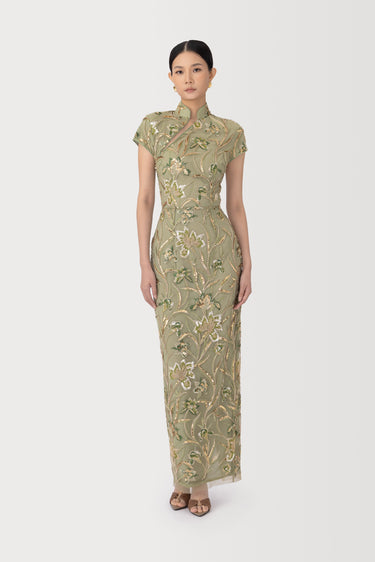 SAU LEE Seraphine Embroidered Dress, Sage Green SAU LEE Seraphine Embroidered Dress, Sage Green