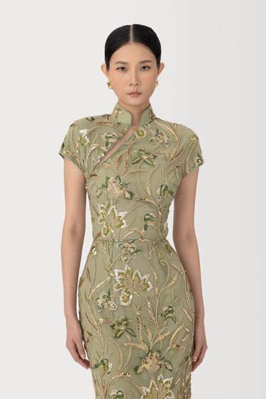 SAU LEE Seraphine Embroidered Dress, Sage Green SAU LEE Seraphine Embroidered Dress, Sage Green