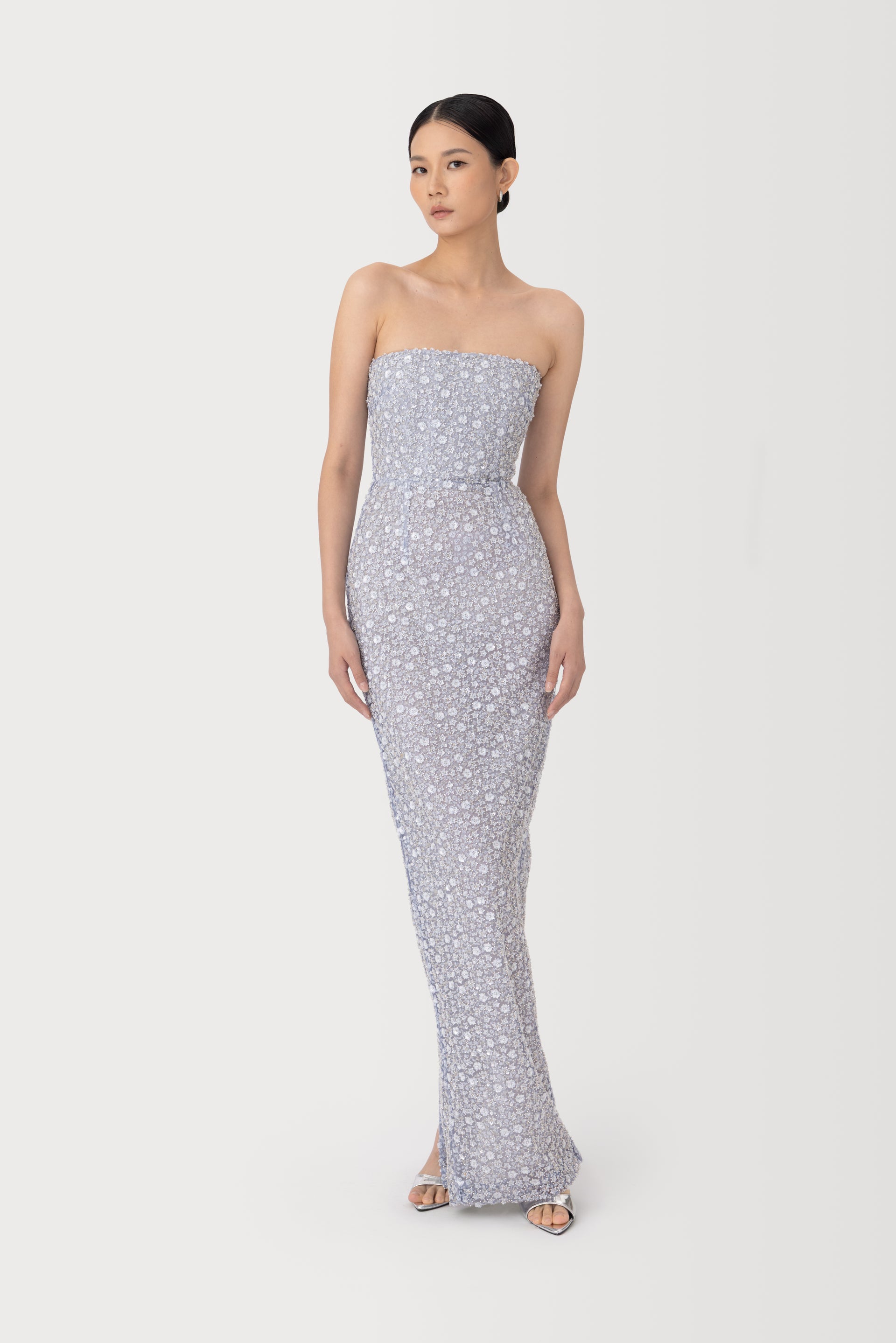 lucille strapless maxi dress trish scully SAU LEE Tilly Strapless Maxi Dress, Silver Grey
