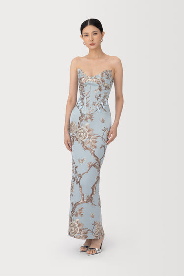 SAU LEE Novella Brocade Maxi Dress, Blue Ash SAU LEE Novella Brocade Maxi Dress, Blue Ash