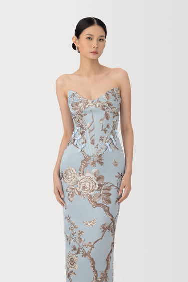 embroidered brocade dress Navy Blue Banarasi Brocade and Silk Gown: Brocade Long Jacket Dress