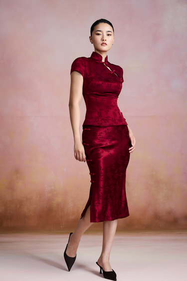SAU LEE | Ren Satin Jacquard Skirt | Ren Satin Jacquard Skirt - Red Sangria / 00