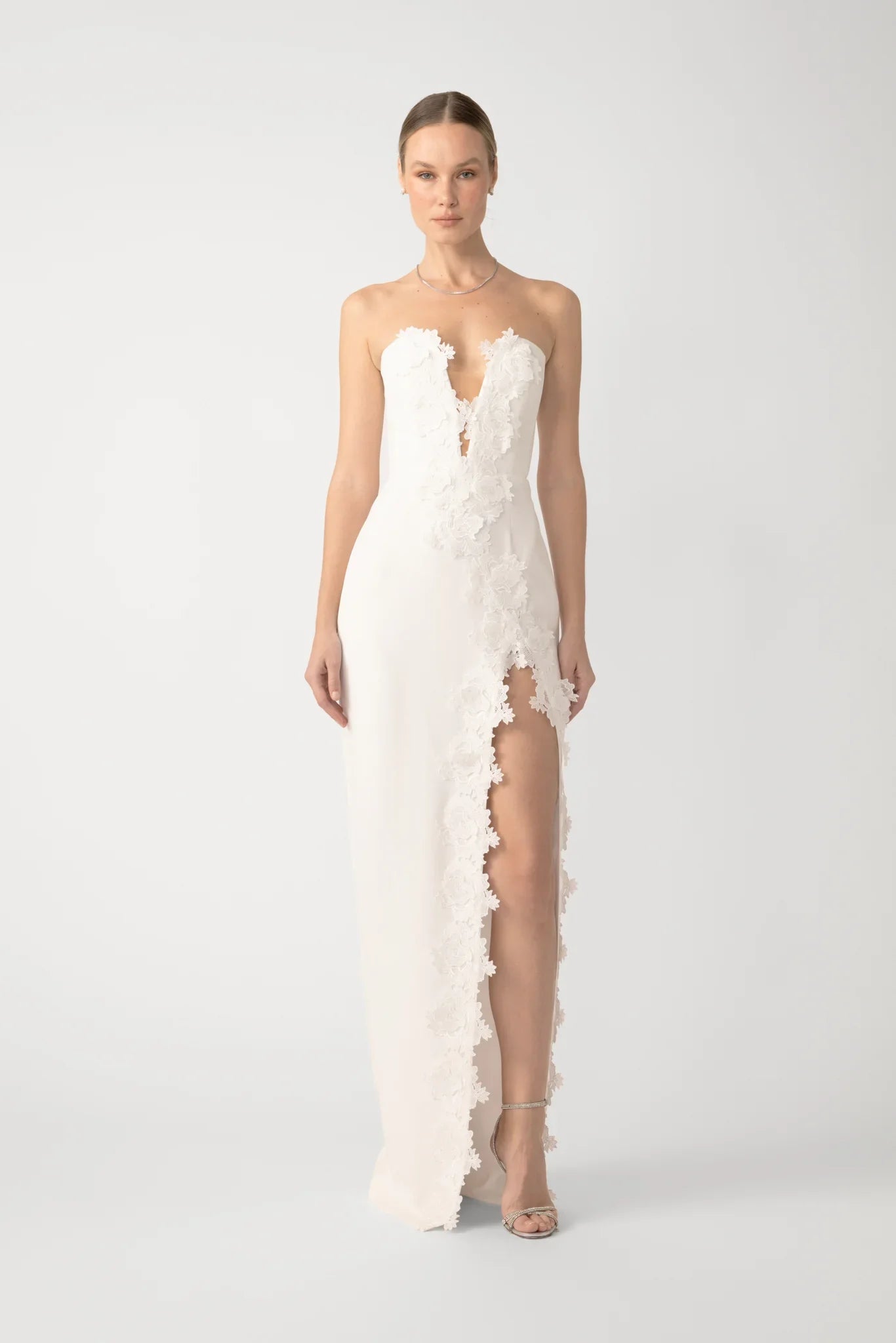 charlize lace strapless dress White Corset Maxi – GlowEllevia stretch satin * Fit Detail Bia Strapless Lace Embroidered Maxi