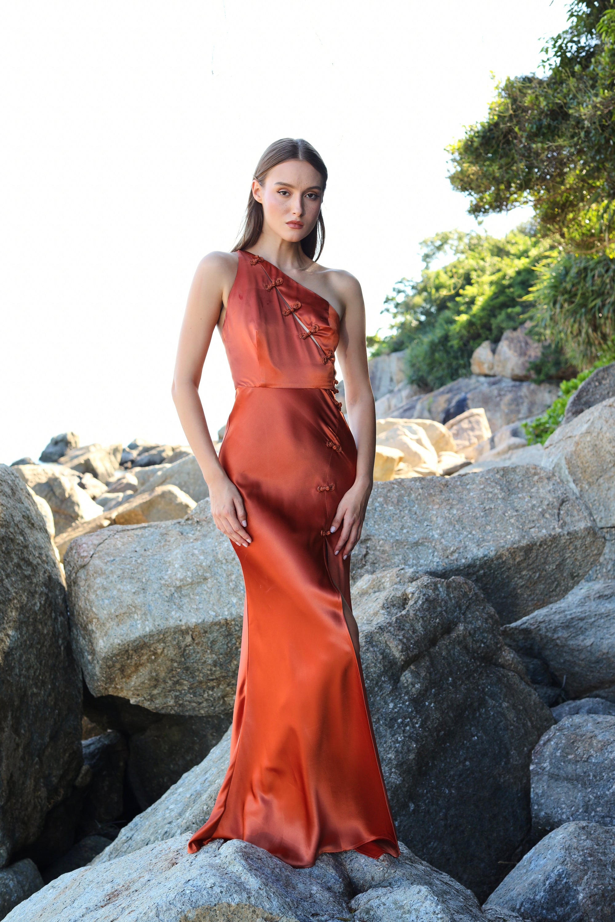 Heidi One-Shoulder Satin Gown - Terracotta - SAU LEE#color_terracotta