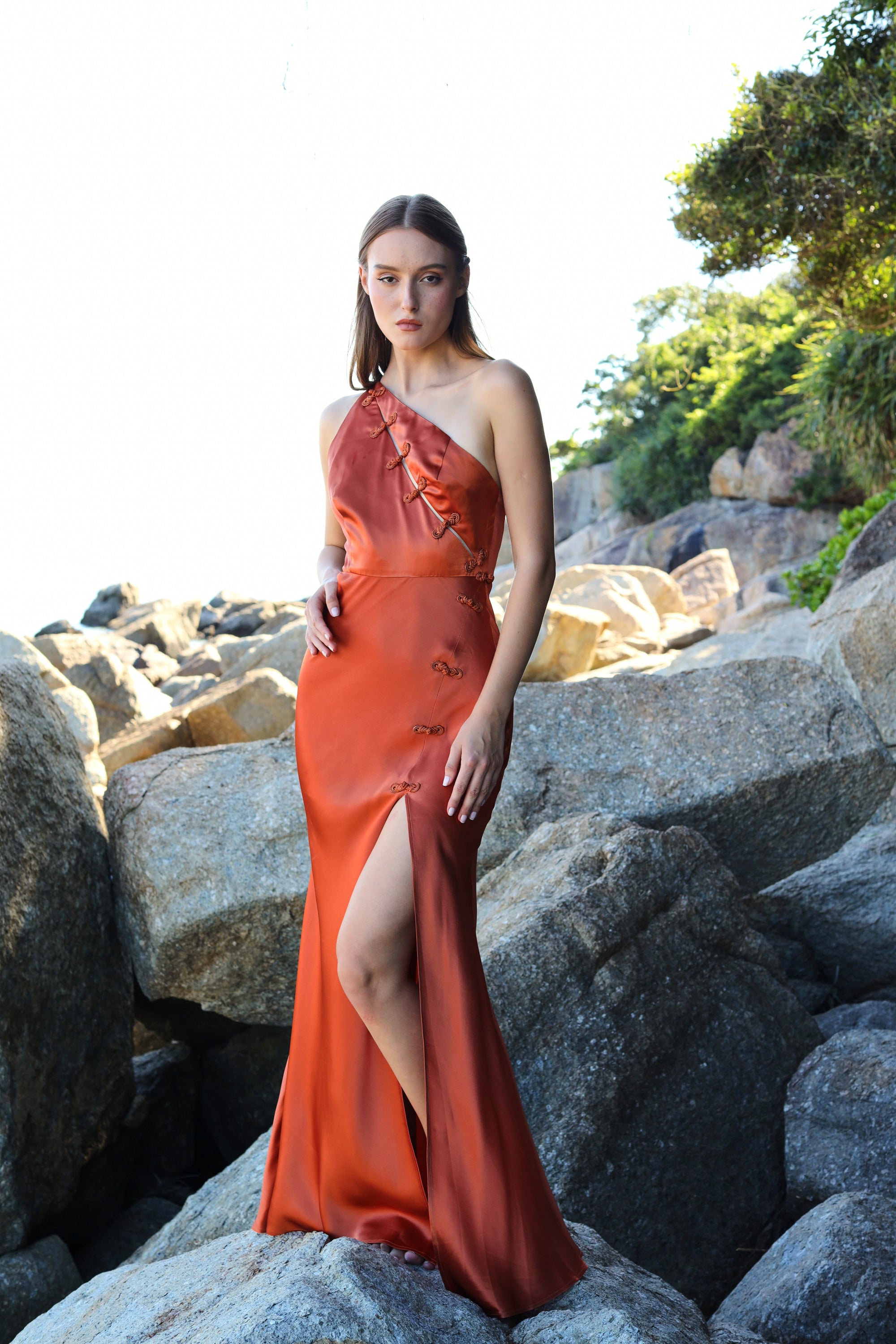 Heidi One-Shoulder Satin Gown - Terracotta - SAU LEE#color_terracotta