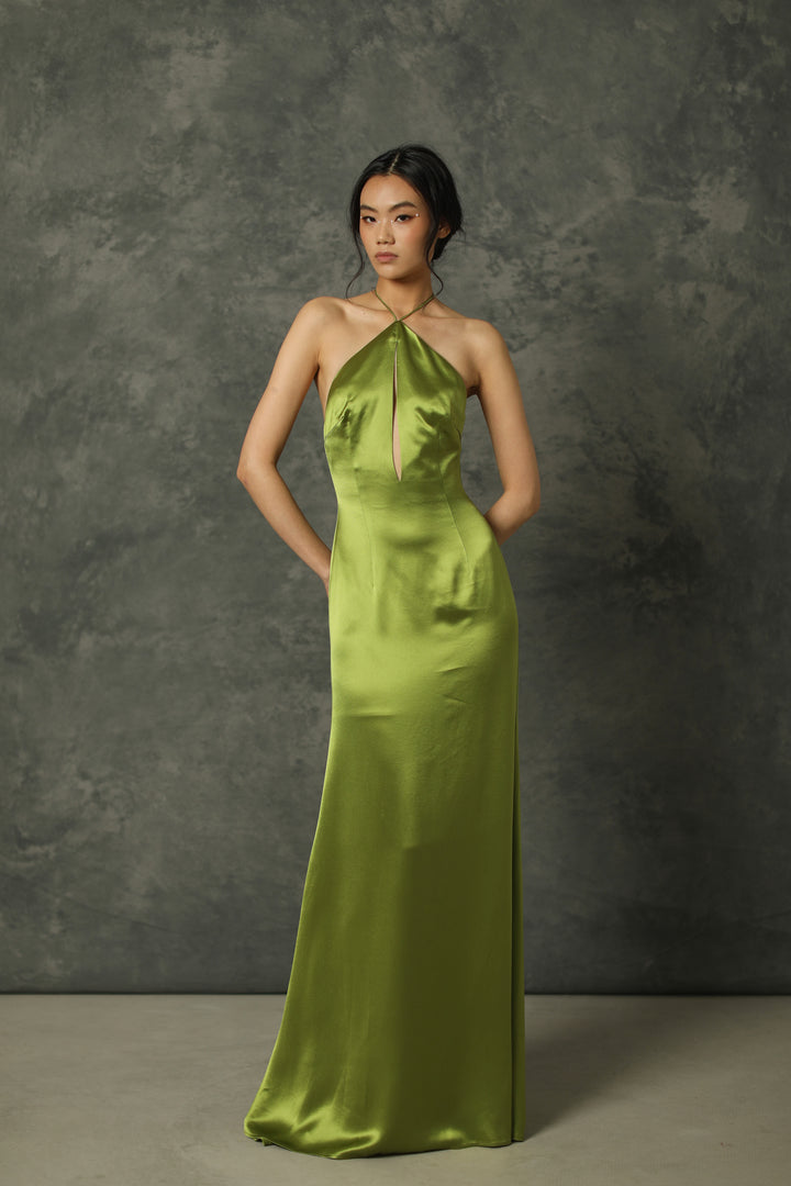 Harper Backless Satin Gown #color_avocado-green