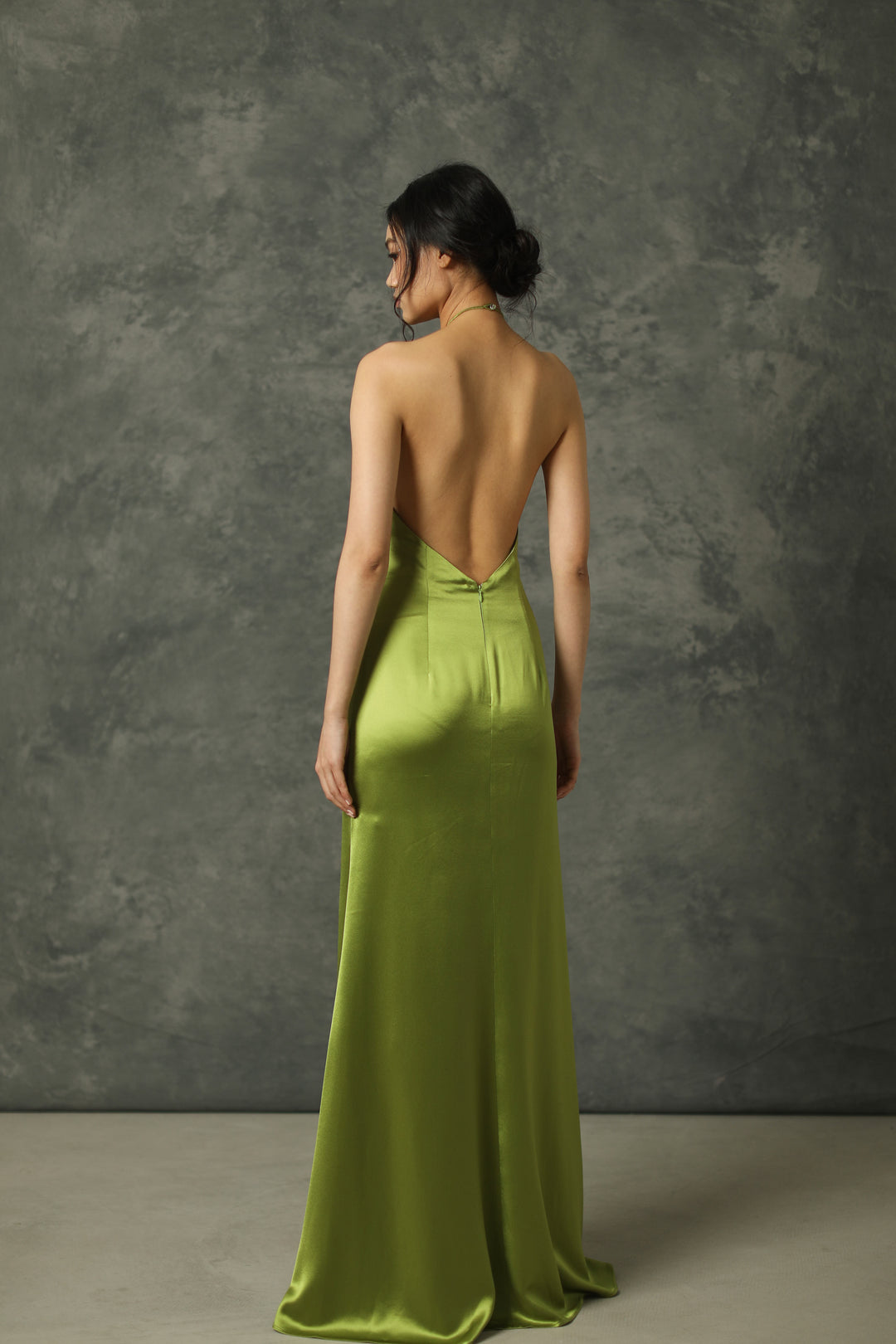 Harper Backless Satin Gown #color_avocado-greenHarper Backless Satin Gown #color_avocado-green