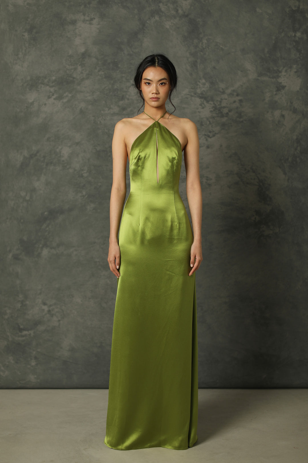 Harper Backless Satin Gown #color_avocado-green