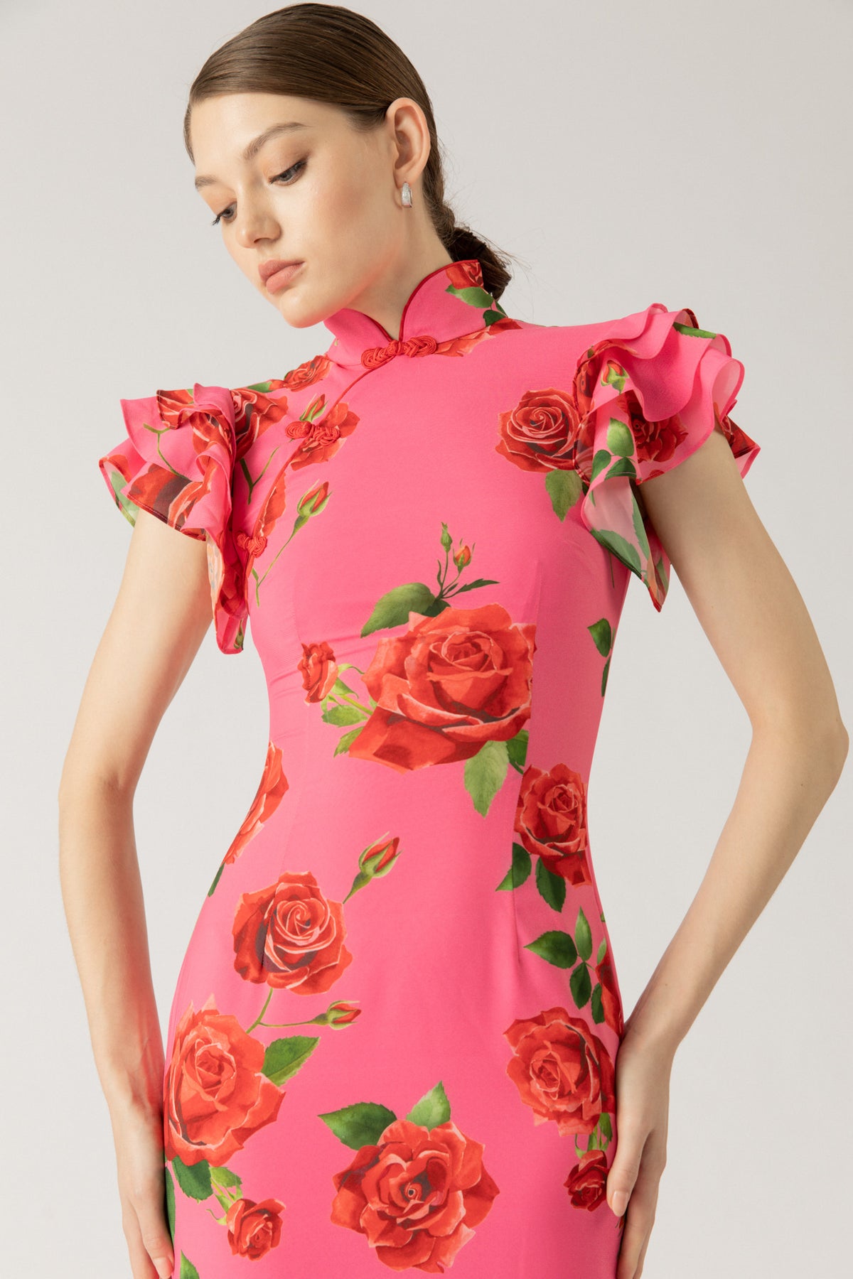 Mandarin Collar Ruffle Sleeve Maxi Dress – LEE